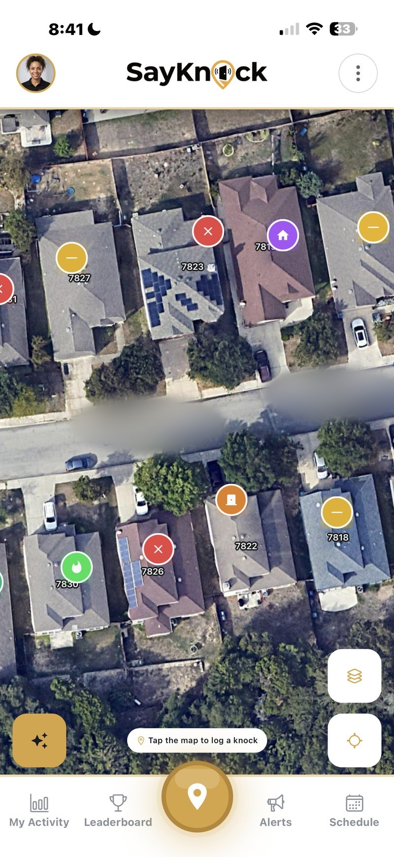 SayKnock GPS-verified door-to-door sales tracking map — every rep's knock pinned to the exact door in real time