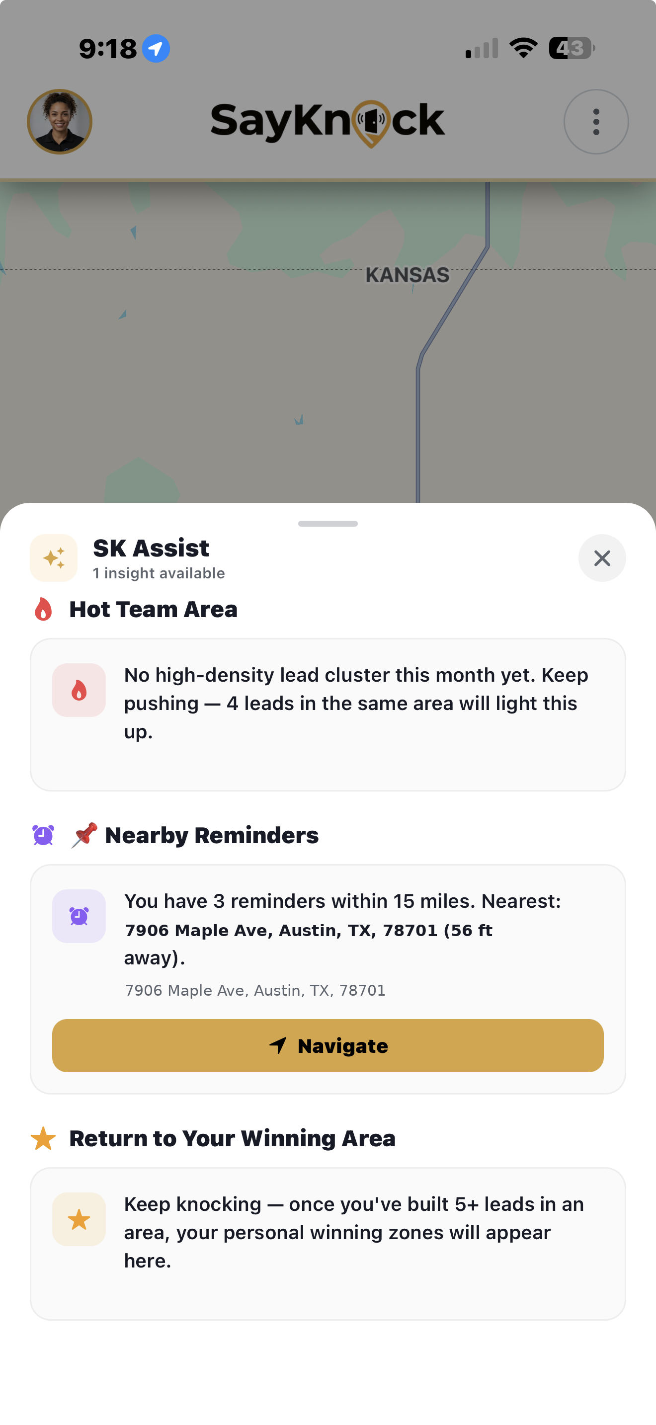 SK Assist showing hot territory recommendations and nearby follow-up doors for a field rep